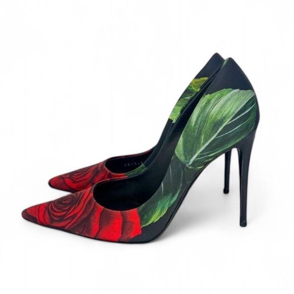 NWT DOLCE & GABBANA Black Satin Rose Print Pointed Toe Stiletto Pumps Si… - Picture 8 of 16